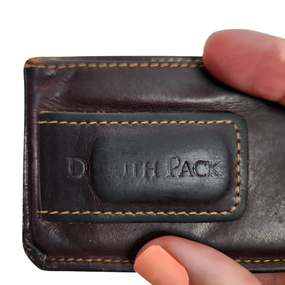 DULUTH PACK Leather Money Clip Wallet Mens Brown Mini ID Window Slim Card Case